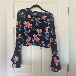 Cropped Blouse with Flared Sleeves & Tie-Up Front